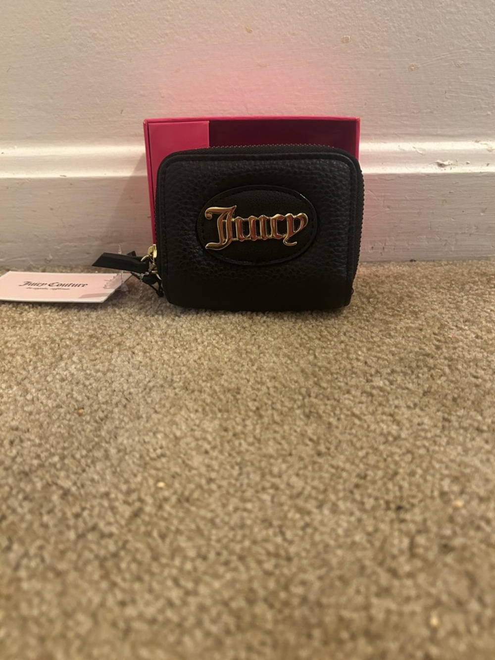 Juicy Couture Black Zip Card Case with Gold Script Logo